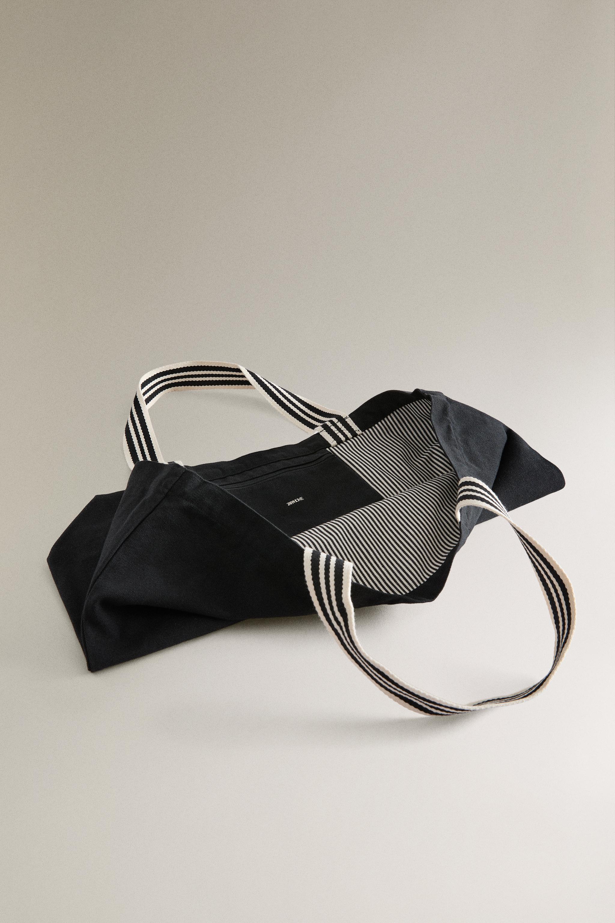 REVERSIBLE FABRIC STRIPED SHOPPER BAG